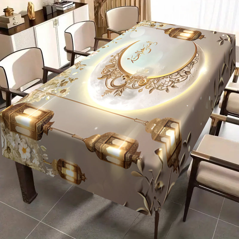 Eid Al Fitr Polyester Square Waterproof Stain-Resistant Tablecloth with Golden Moon and Lantern Pattern