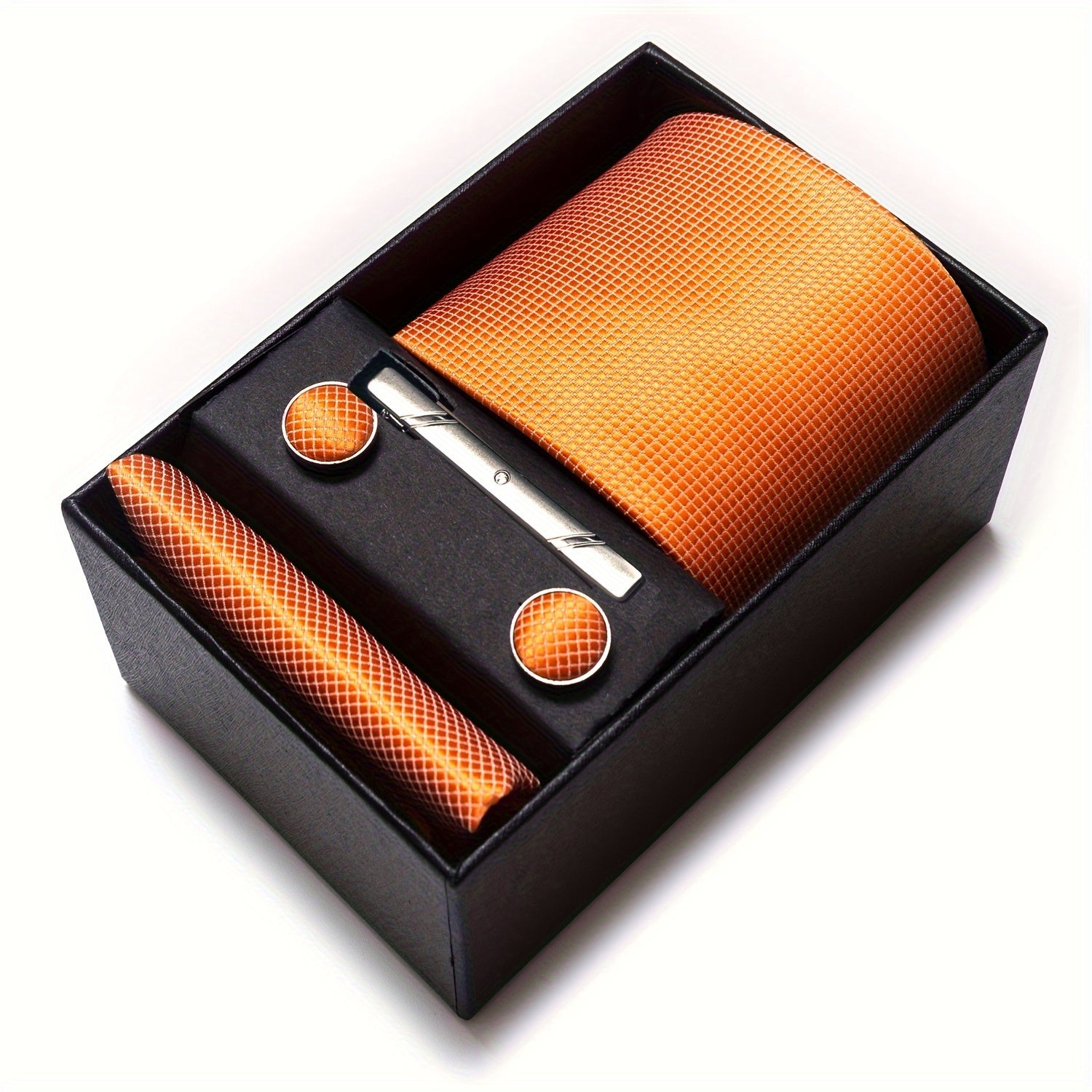 Men's Solid Color Tie Set with Square Cufflinks Gift Box for Wedding Business and Holiday