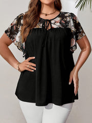 Plus Size Women's Black Floral Blouse with Tie-Front and Butterfly Sleeves