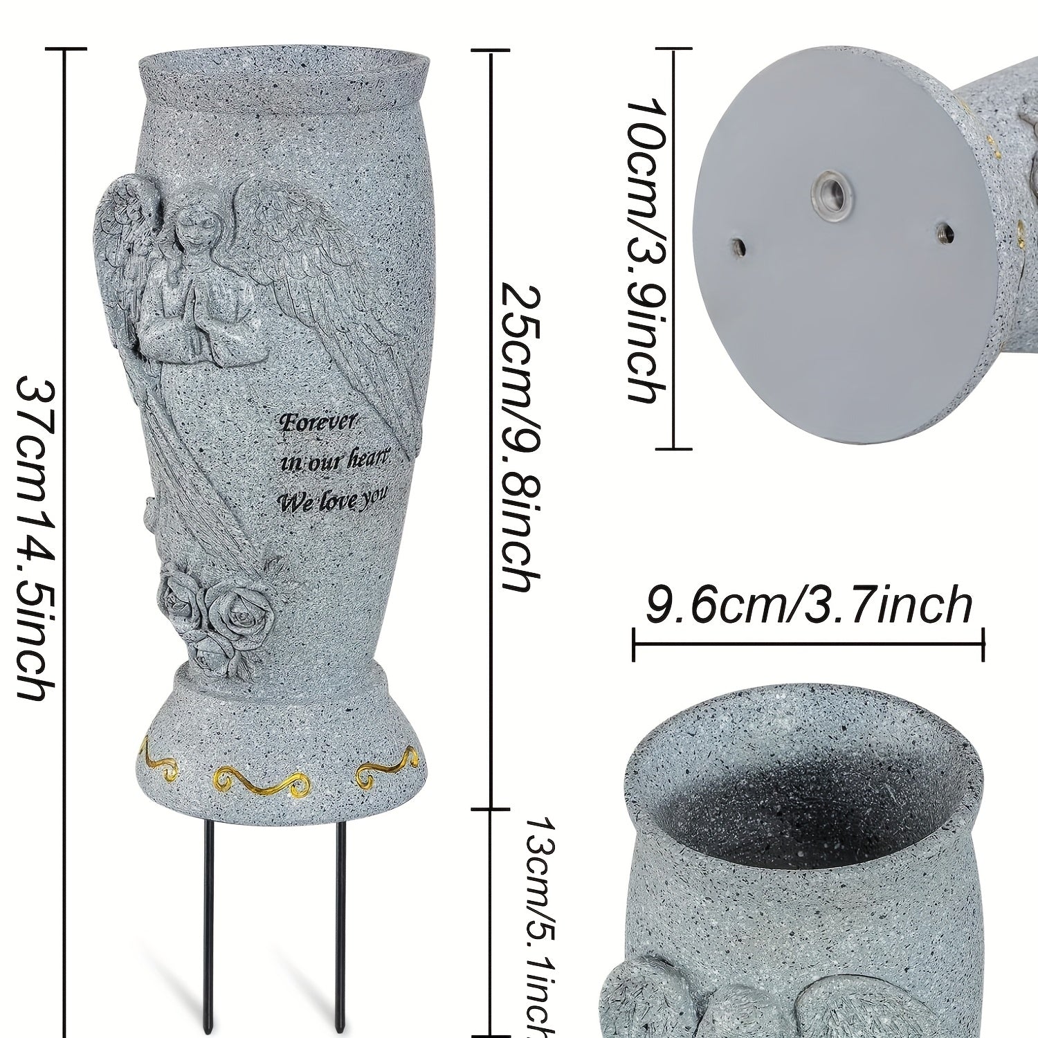 Angel Memorial Cemetery Vase with Ground Spikes for Flowers Engraved Forever in Our Heart