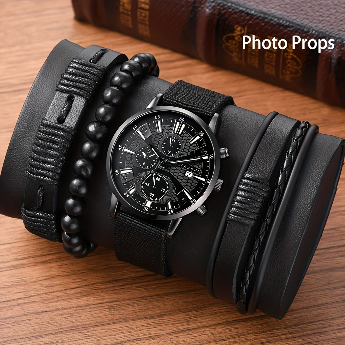 Men's Watch Set Black Nylon Strap Casual Industrial Style Round Dial Quartz Watch with 3 Bracelets