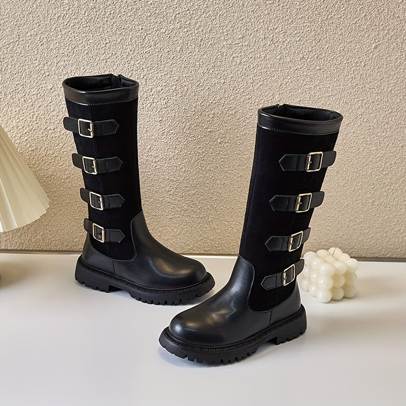 Girls Knee-High Zipper Boots with Rubber Sole for Autumn and Winter