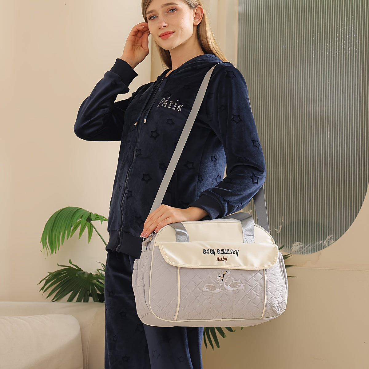 Large Capacity Embroidered Crossbody Mommy Bag with Zipper Stylish Multi-functional Shoulder Bag