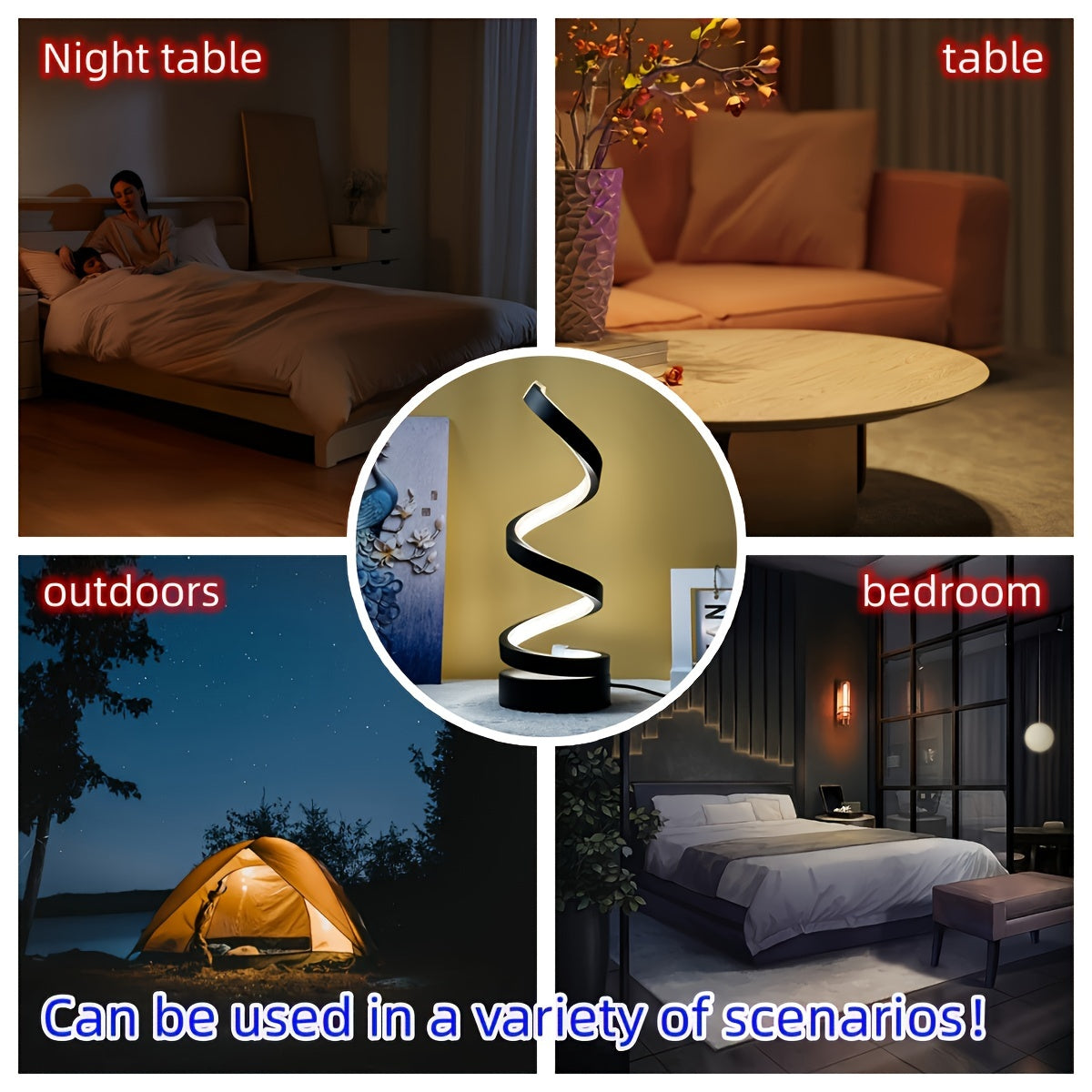 Lámpara de mesa de espiral metálica con LED regulable para noche, ideal para oficina y dormitorio, en negro y blanco