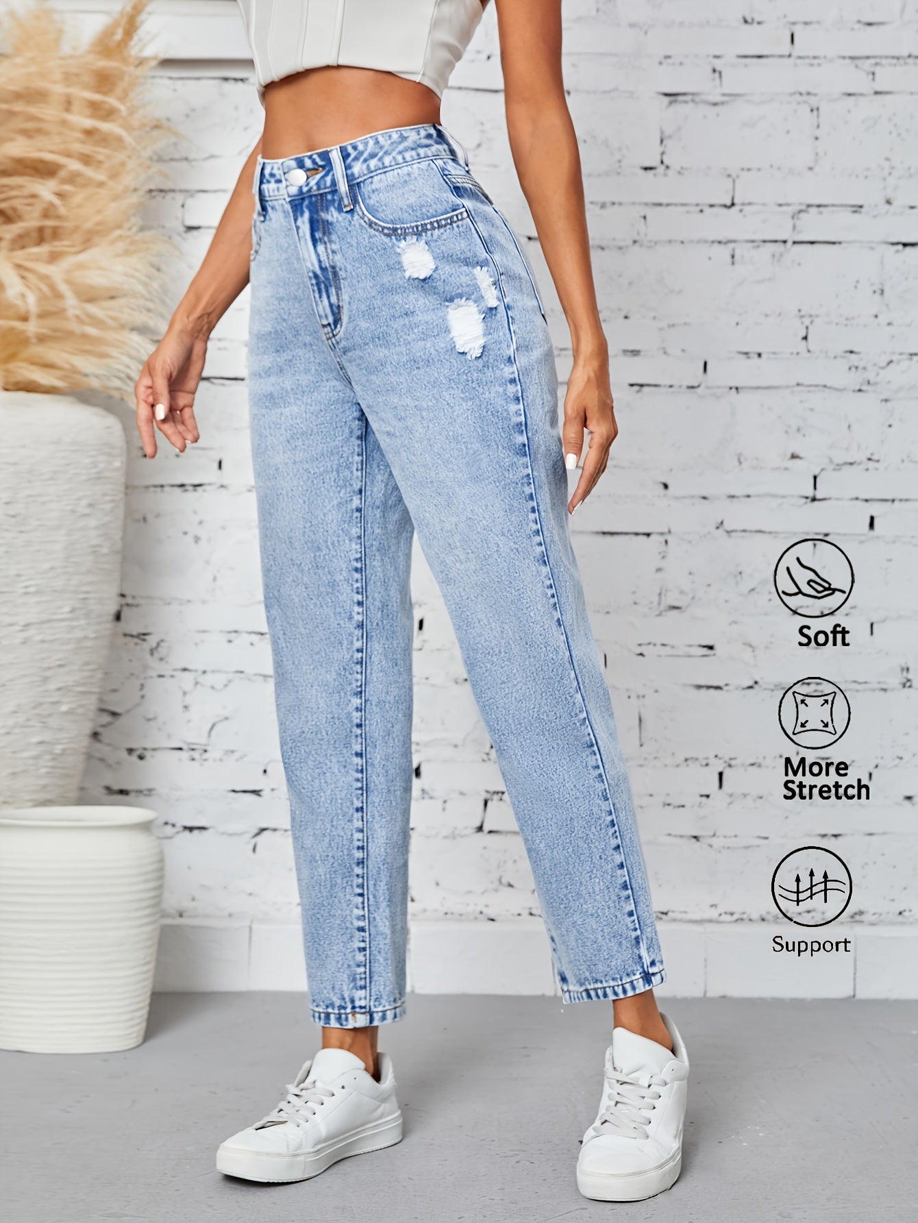 Women's Ripped High-Waisted Denim Jeans Grey Black Stretch Straight Leg Casual