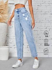 Women's Ripped High-Waisted Denim Jeans Grey Black Stretch Straight Leg Casual