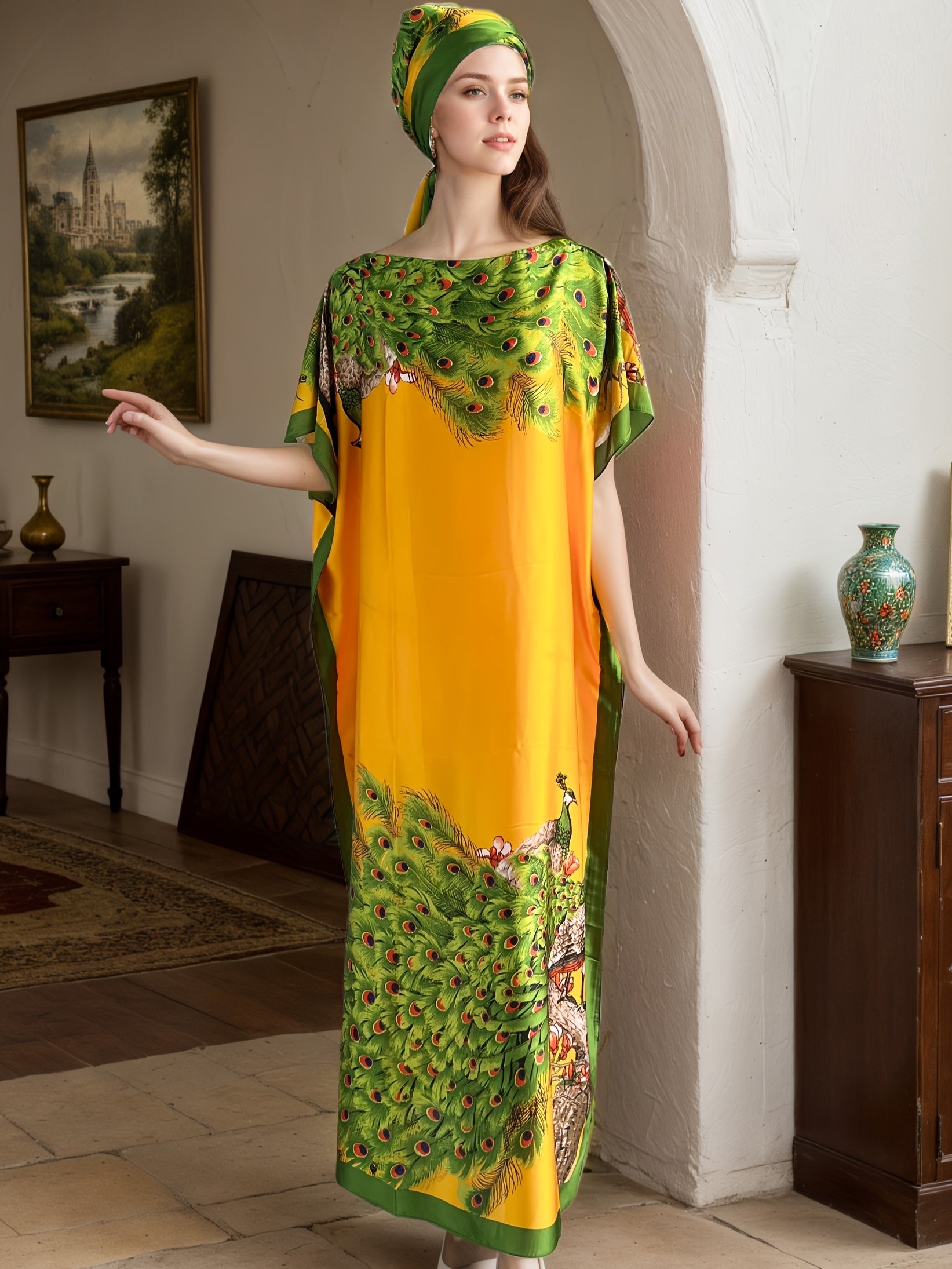 Plus Size Women's Maxi Dress with Peaocak Print, Short Sleeves, Green Yellow Blue Floral