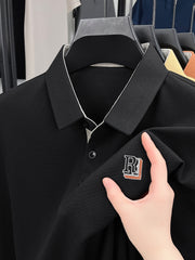 Men's Summer Casual Knitted Shirt Short Sleeve Embroidered Lettering Solid Color Breathable Fabric