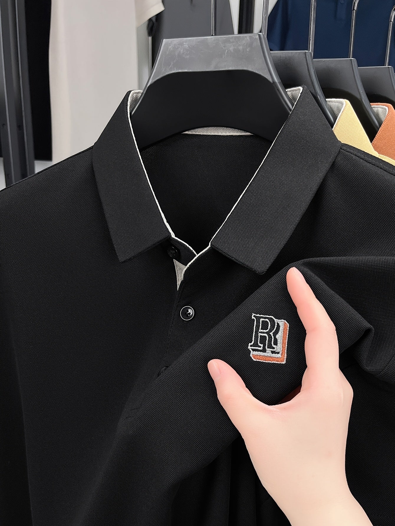 Men's Summer Casual Knitted Shirt Short Sleeve Embroidered Lettering Solid Color Breathable Fabric