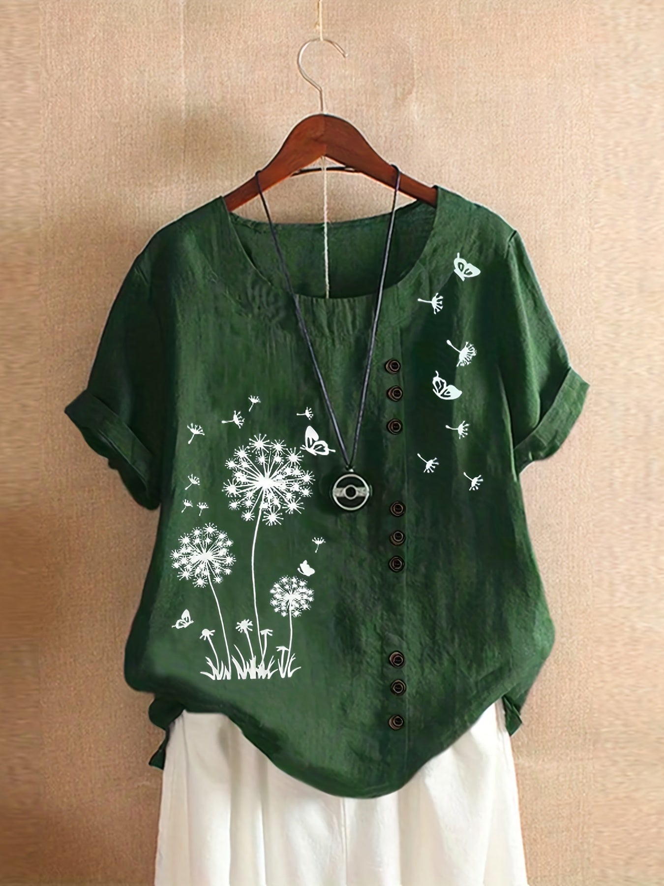 Plus Size Dandelion Print Short Sleeve T-Shirt Women Casual Crew Neck Summer