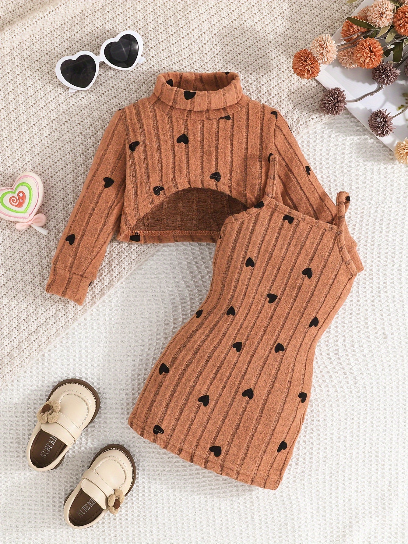Baby Girl Outfit Set Rib Knit Dress with Geometric Pattern Long Sleeve Top and Slim Fit Camisole Dress for Spring Fall