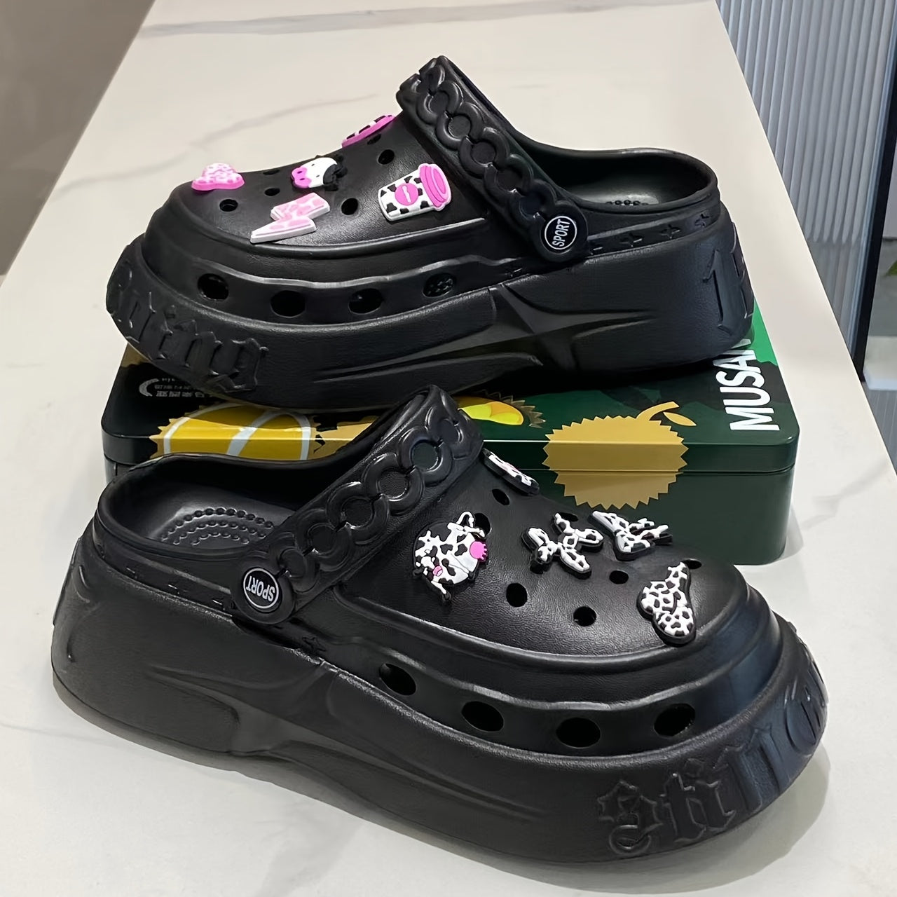 Women's Platform Clogs Shoes with Cushioned Insole, Lightweight EVA, Black White