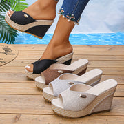 Women's Wedge Slide Sandals Open-Toe Summer Shoes Beige Black Brown