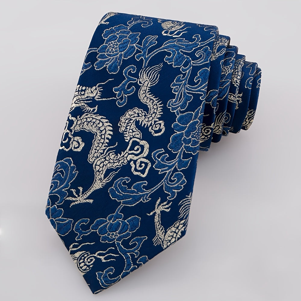 Men's Silk Tie with Hand-Embroidered Chinese Dragon and Peony Design