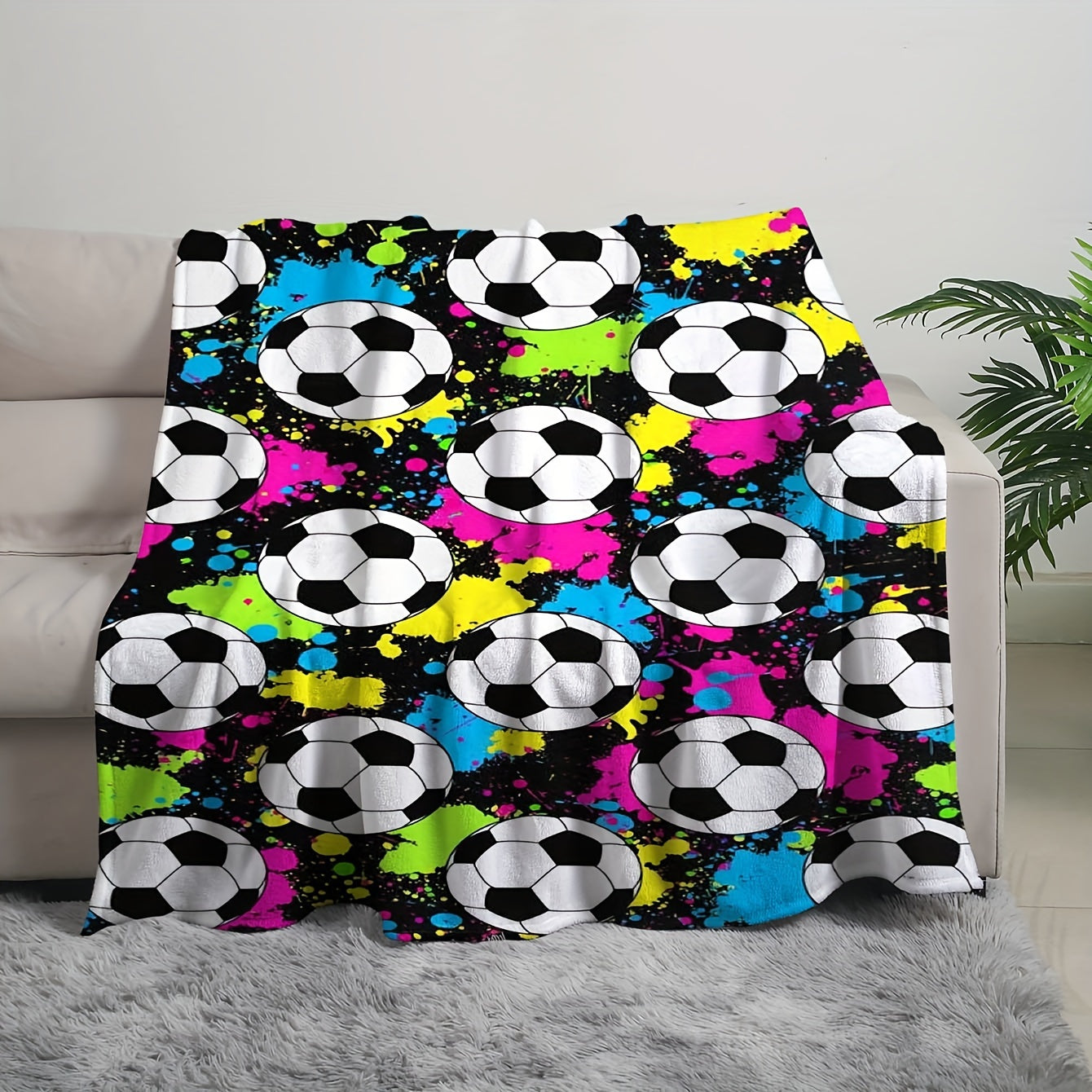 Reversible Flannel Fleece Blanket with Soccer Ball Print for Bed Sofa Use