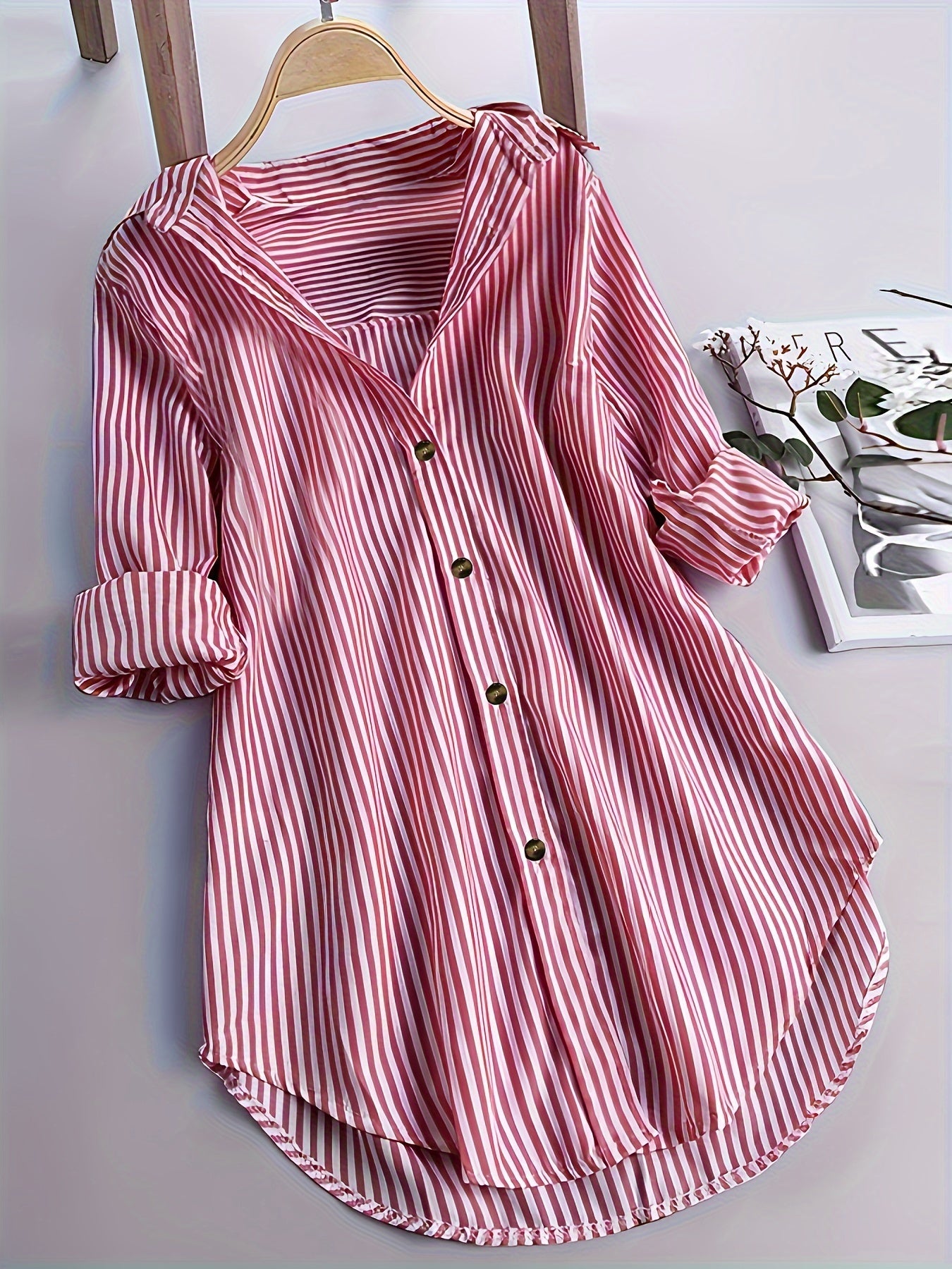 Women's Plus Size Striped Button-Up Shirt Long Sleeve Casual Blouse