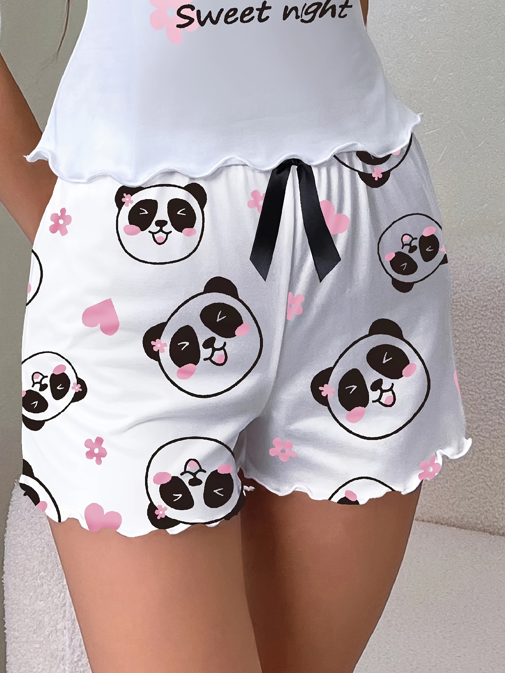 Women's Sleep Shorts with Panda Print Frill Trim Elastic Waist Casual Loungewear