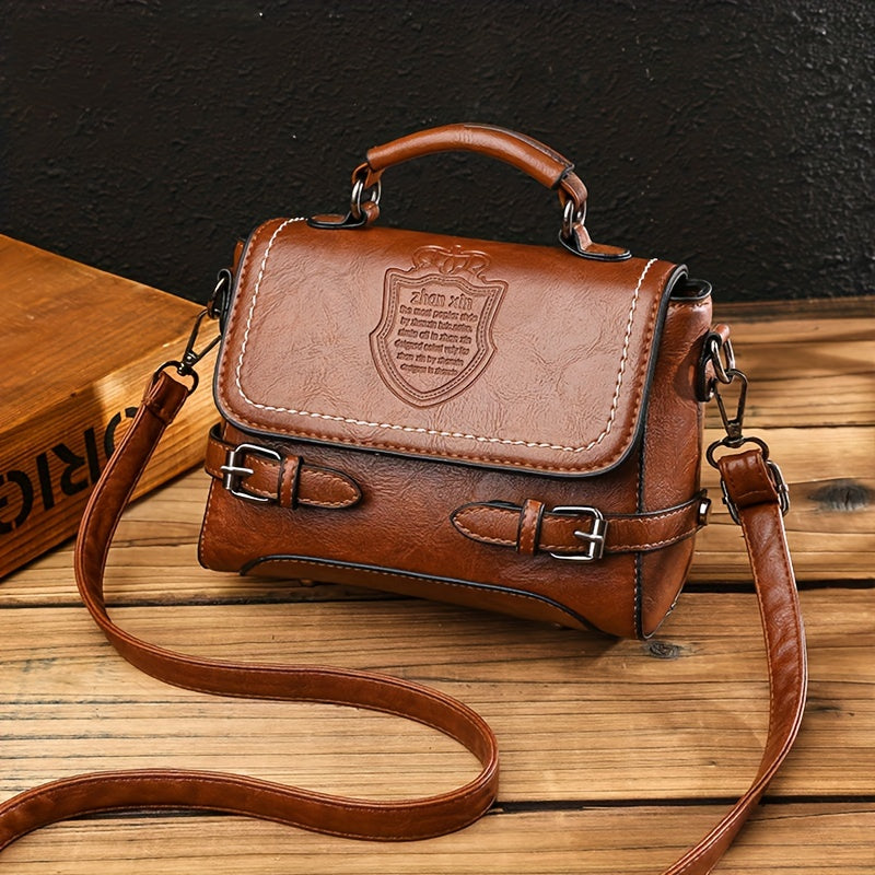 Vintage Black and Dark Brown PU Crossbody Bag for Women with Embossed Letter Badge