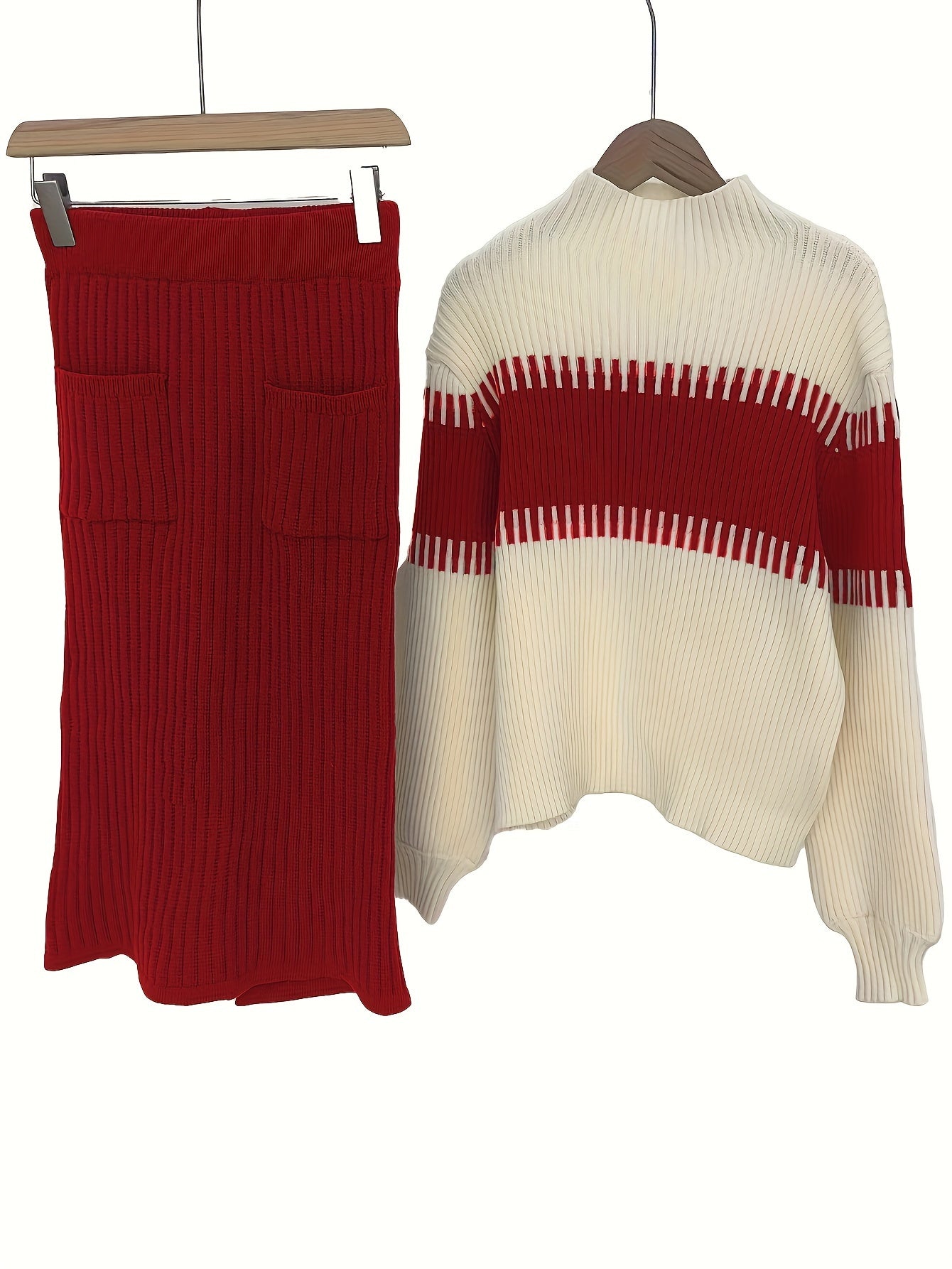Women's Ribbed Color Block Knit Sweater and Midi Skirt Two-Piece Set
