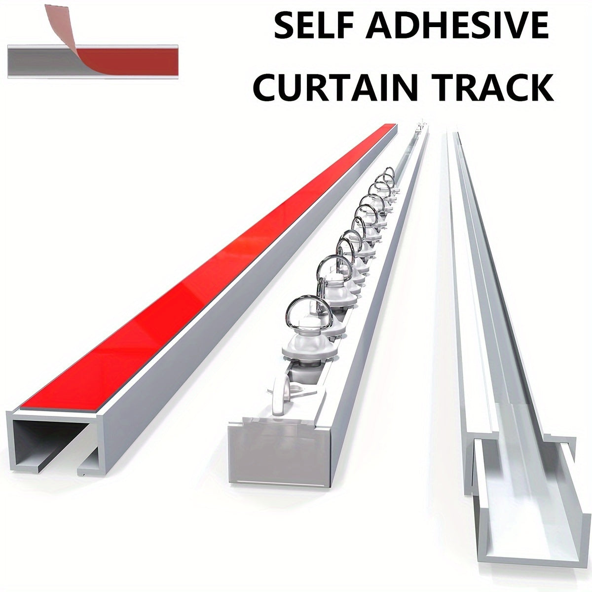 Red Self-Adhesive Bathroom Curtain Track with Silent Glide Nano Rail and Pulleys