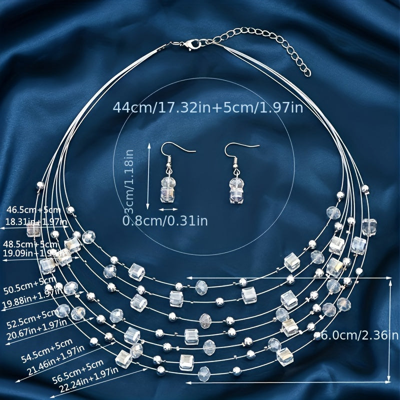 Conjunto de joyería bohemia: collar en capas con colgante cuadrado y pendientes para mujer