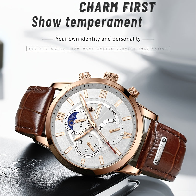 Men's Leather Casual Quartz Sport Watch Black 42mm