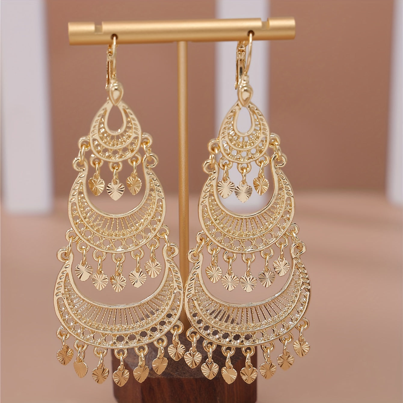 Gold Plated Dangle Earrings Hollow Moon Tassel Jewelry for Daily Wear and Parties