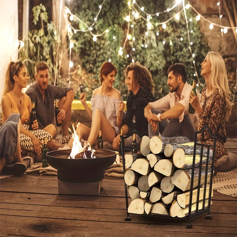 Black Stackable Log Organizer Collapsible Metal Firewood Rack for Outdoor Storage