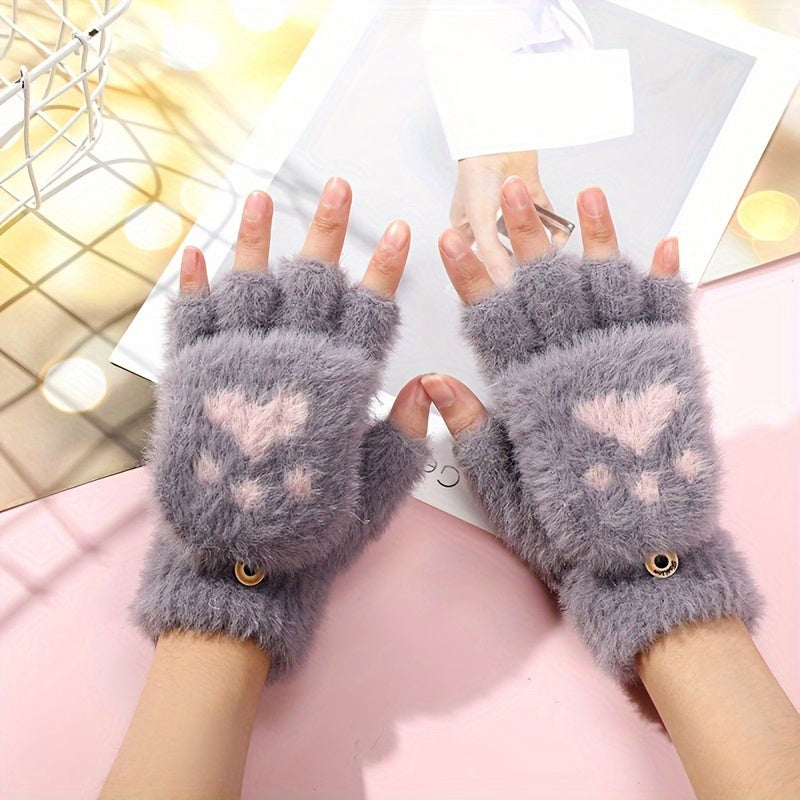 Convertible Acrylic Gloves with Cartoon Cat Claw Design, Non-Slip Grip, Windproof Winter Gloves