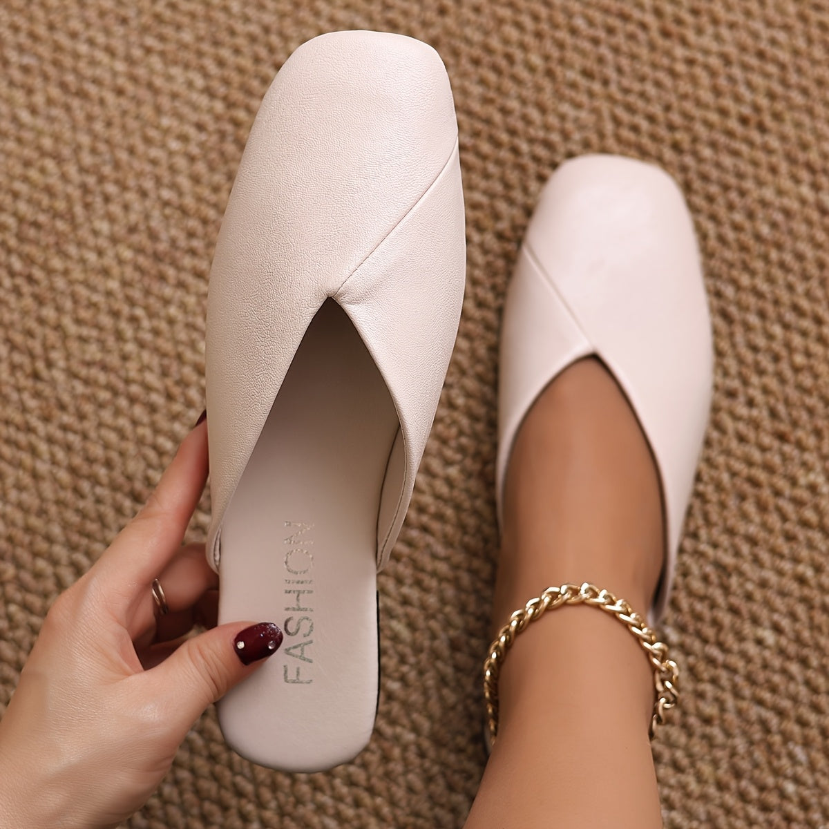 Women's Square Toe Mules Flat Shoes Faux Cover Solid Color Non-Slip Rubber Sole