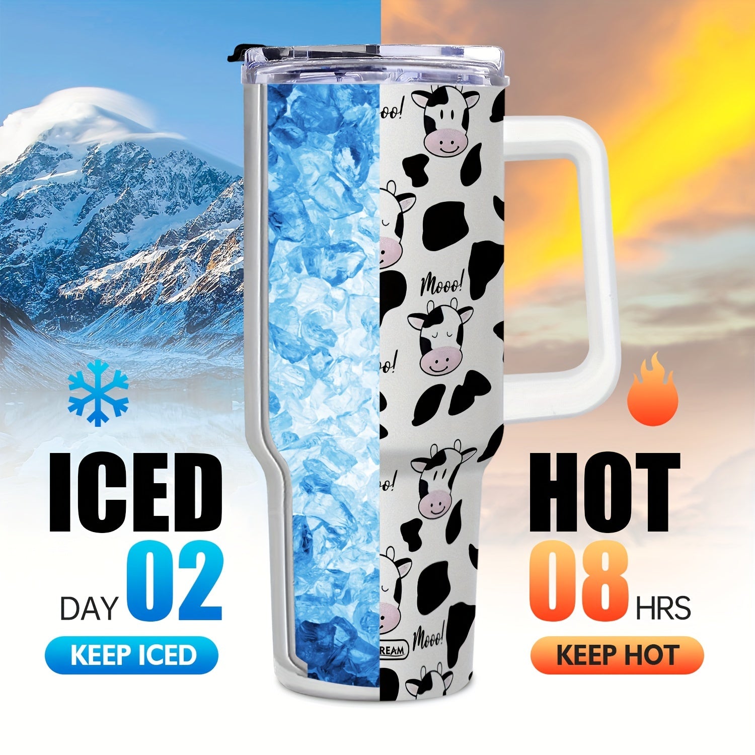 40oz Stainless Steel Tumbler with Cow Print Vacuum Insulated BPA Free Keeps Beverages Cold 48 Hours