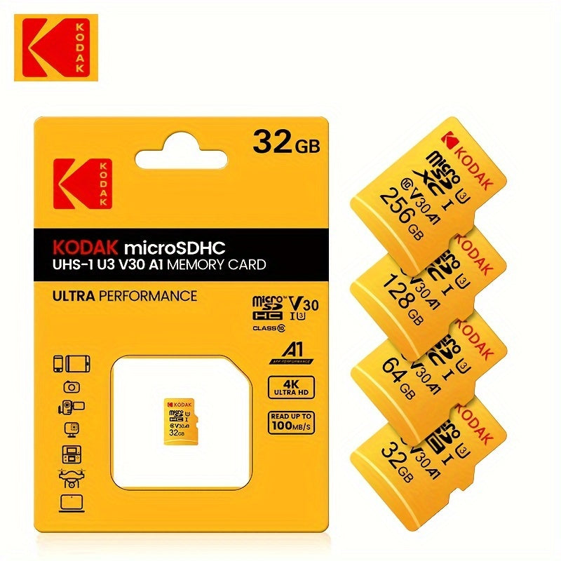 KODAK MicroSDXC xotira kartasi yuqori tezlikda 4K video yozish uchun, 64GB/128GB/32GB o'lchamlarida mavjud. Ultra ishlash, batareya talab qilinmaydi.
