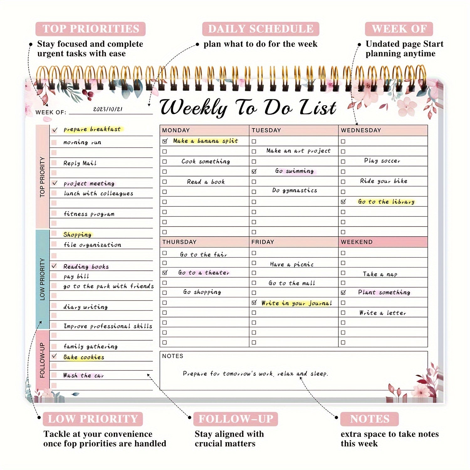 Student Weekly To-Do List Planner Notebook with Daily Organizer and Notes