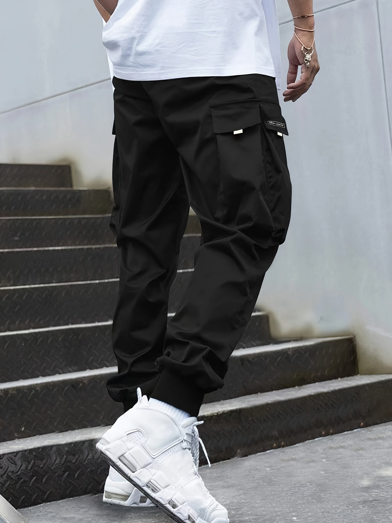 Plus Size Men's Cargo Joggers Woven Polyester Casual Drawstring Solid