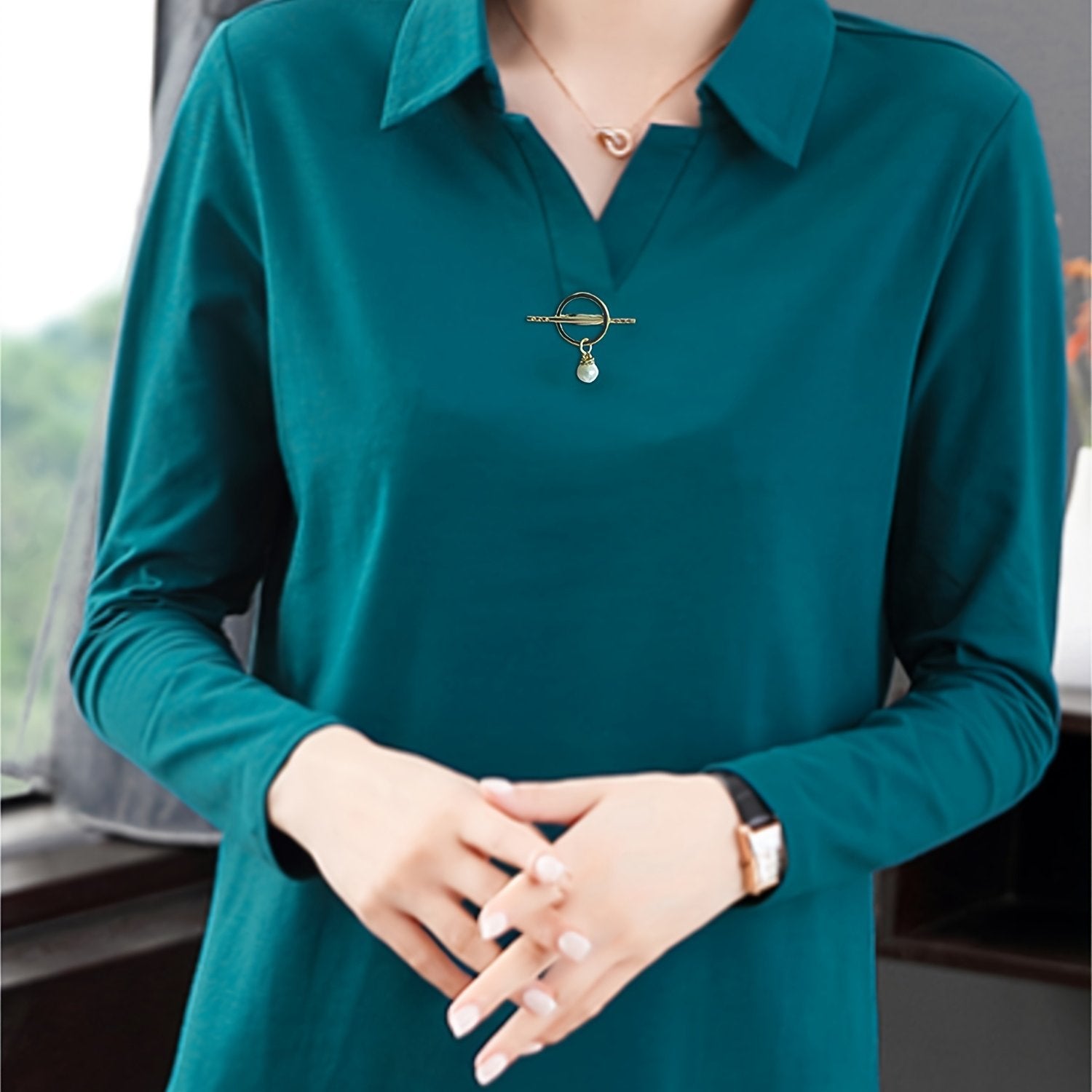 Повседневная рубашка с длинным рукавом и воротником однотонного цвета для весны и осени, женская одежда.