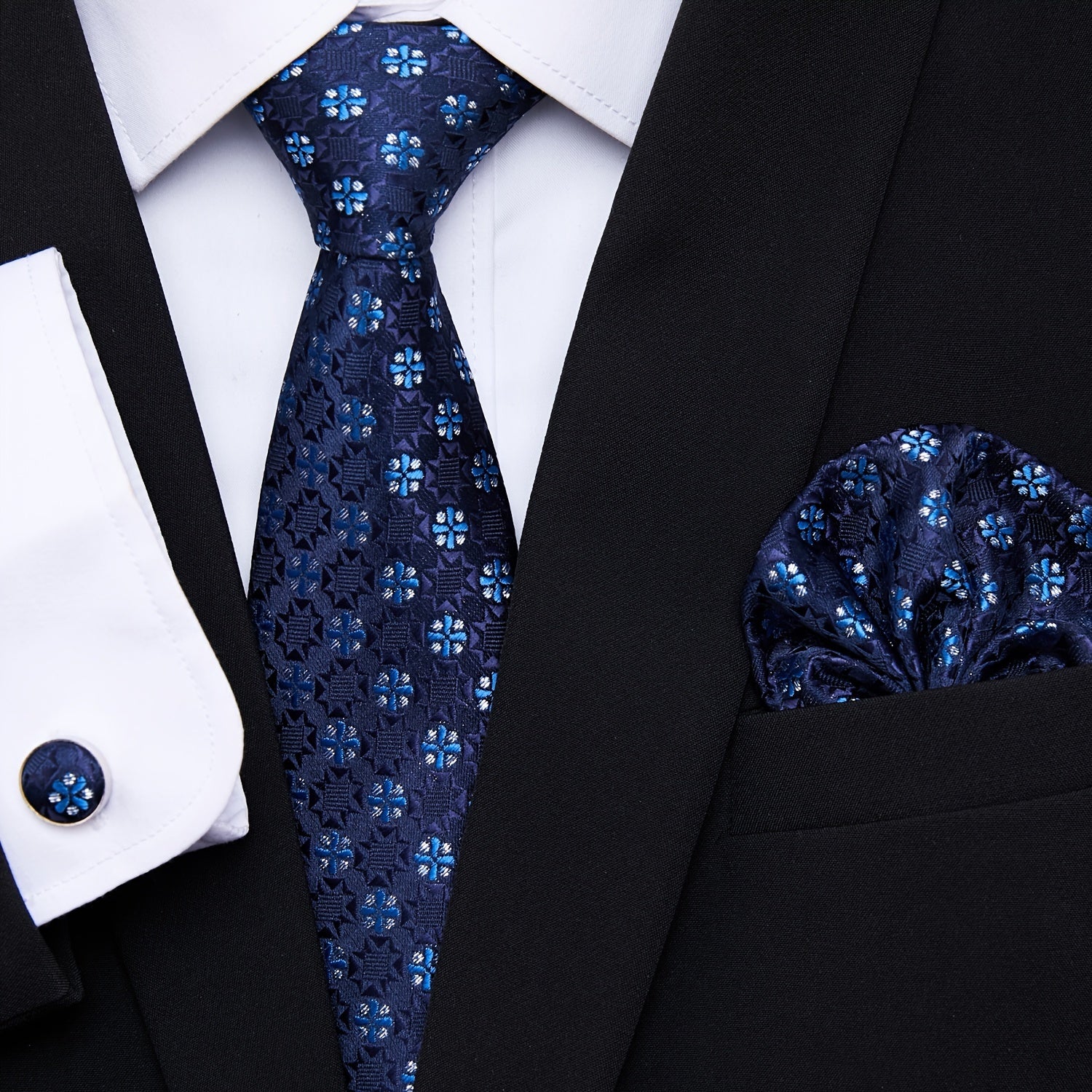 Men's Blue Jacquard Floral Tie Set with Pocket Square and Cufflinks for Weddings and Formal Events
