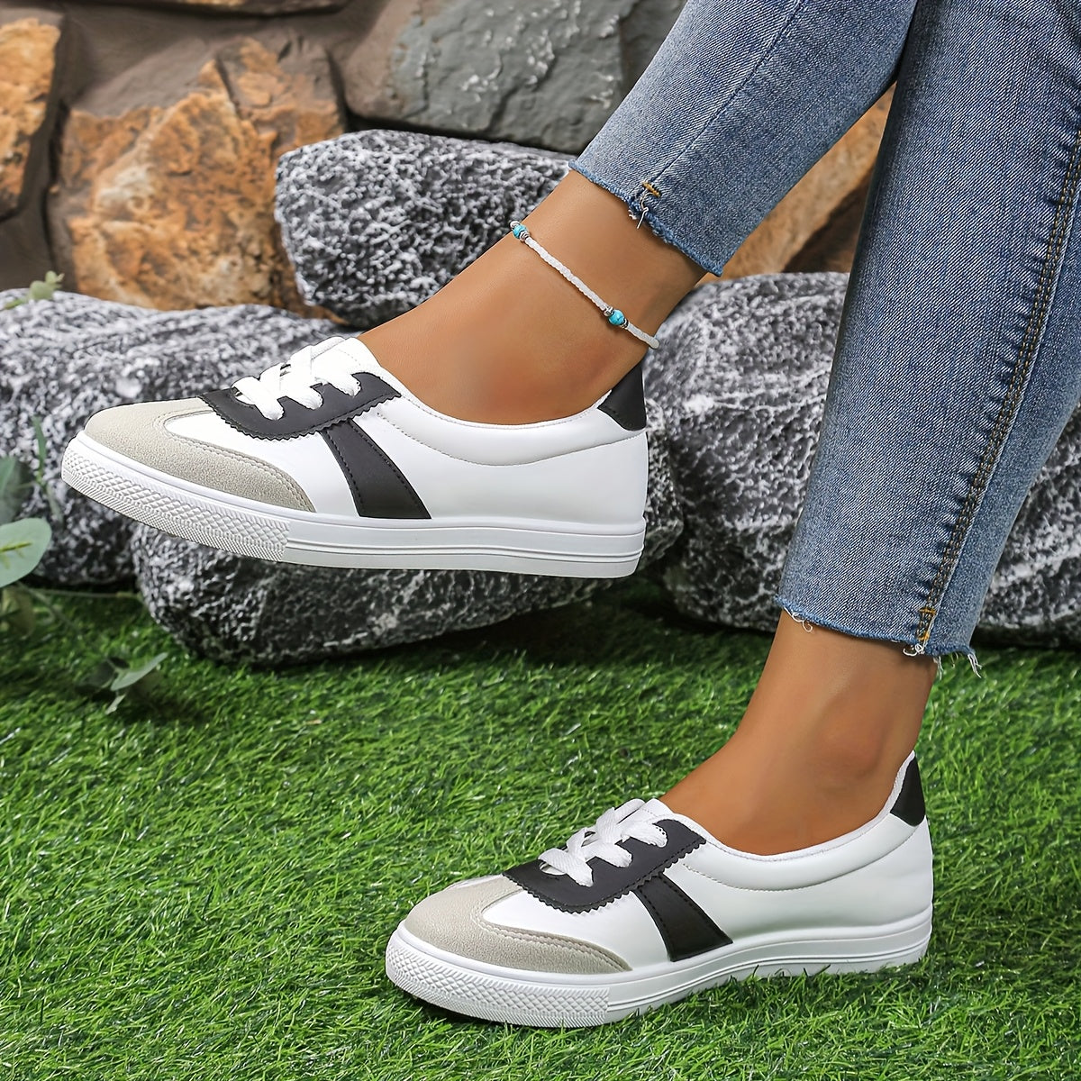 Women's Casual White Sneakers with Color Block Design and Lightweight Sole