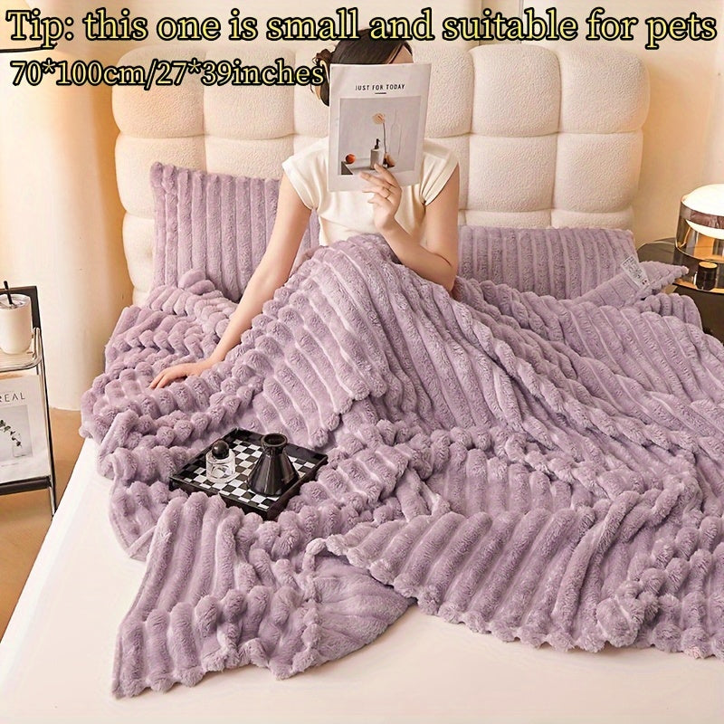Striped Faux Fur Throw Blanket Cozy Knitted Polyester Bedspread for Sofa and Travel
