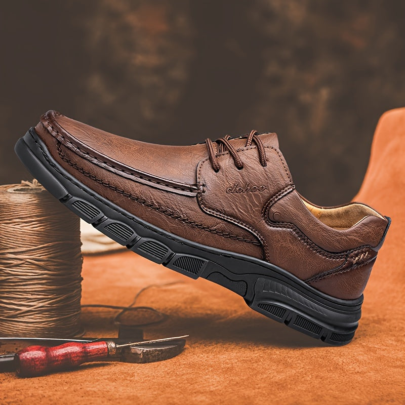 Men's Brown Leather Loafers Casual Dress Shoes Breathable Rubber Sole Low Top