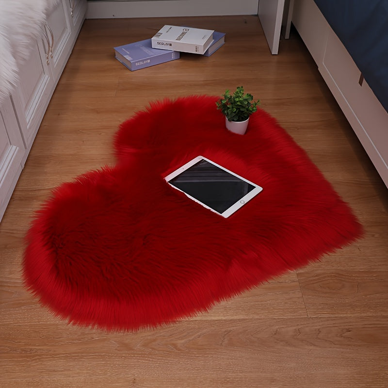 Heart-Shaped Faux Fur Area Rug Soft Plush Non-Slip Cozy Mat for Bedroom or Living Room