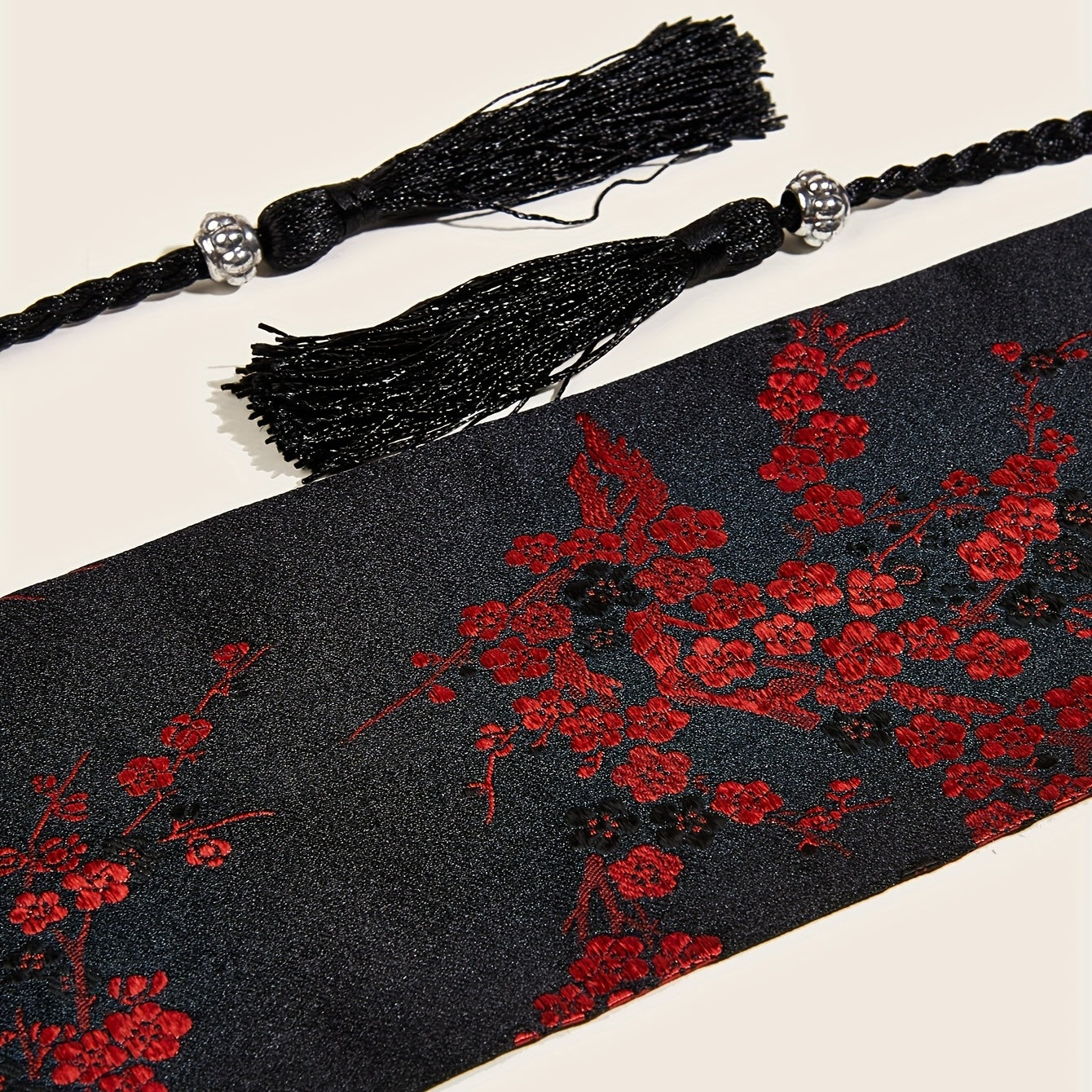 Traditional Tassel Belt with Embroidered Floral Designs and Red Waist Seal for Classic Dresses