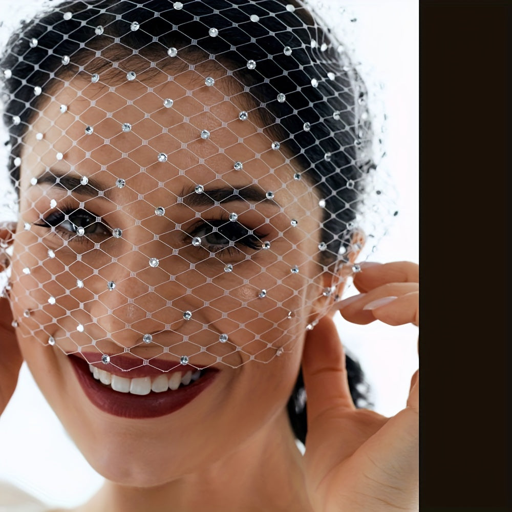 Bridal Fascinator with Birdcage Veil and Black Face Net Mask on White Headband for Women