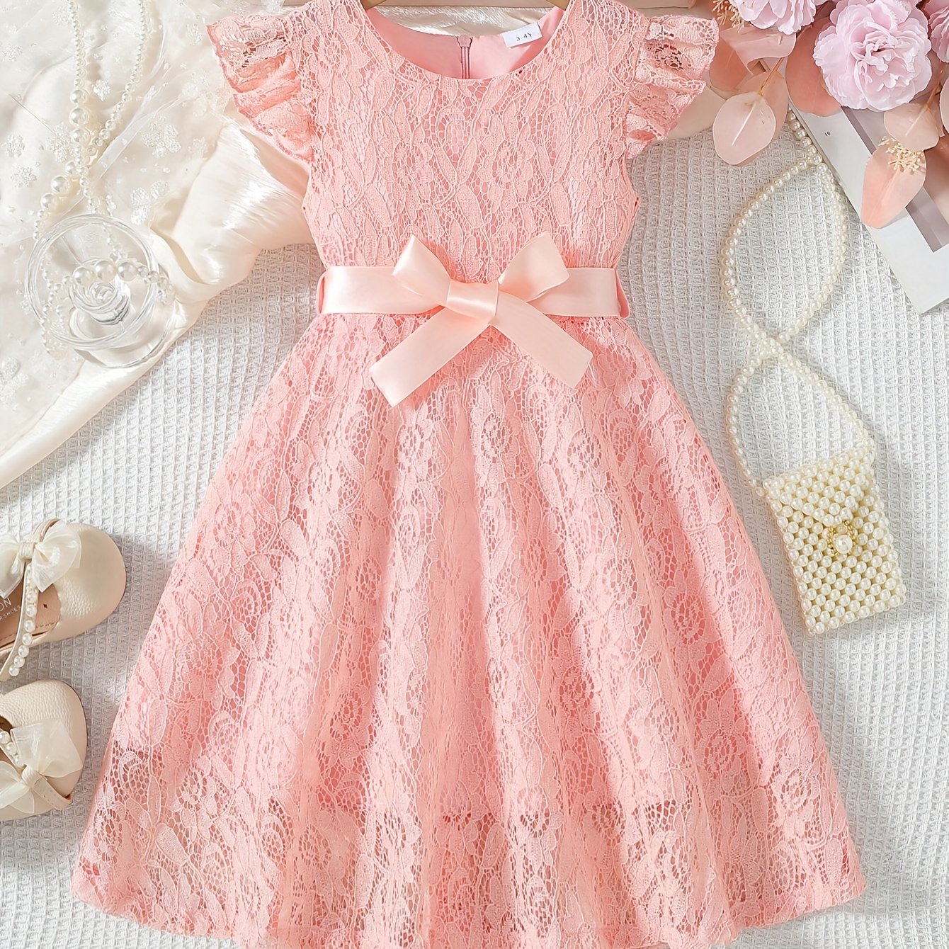 Girls' Summer Dress with Lace Detail Belt Flutter Sleeves Knee Length Fit and Flare Solid Polyester