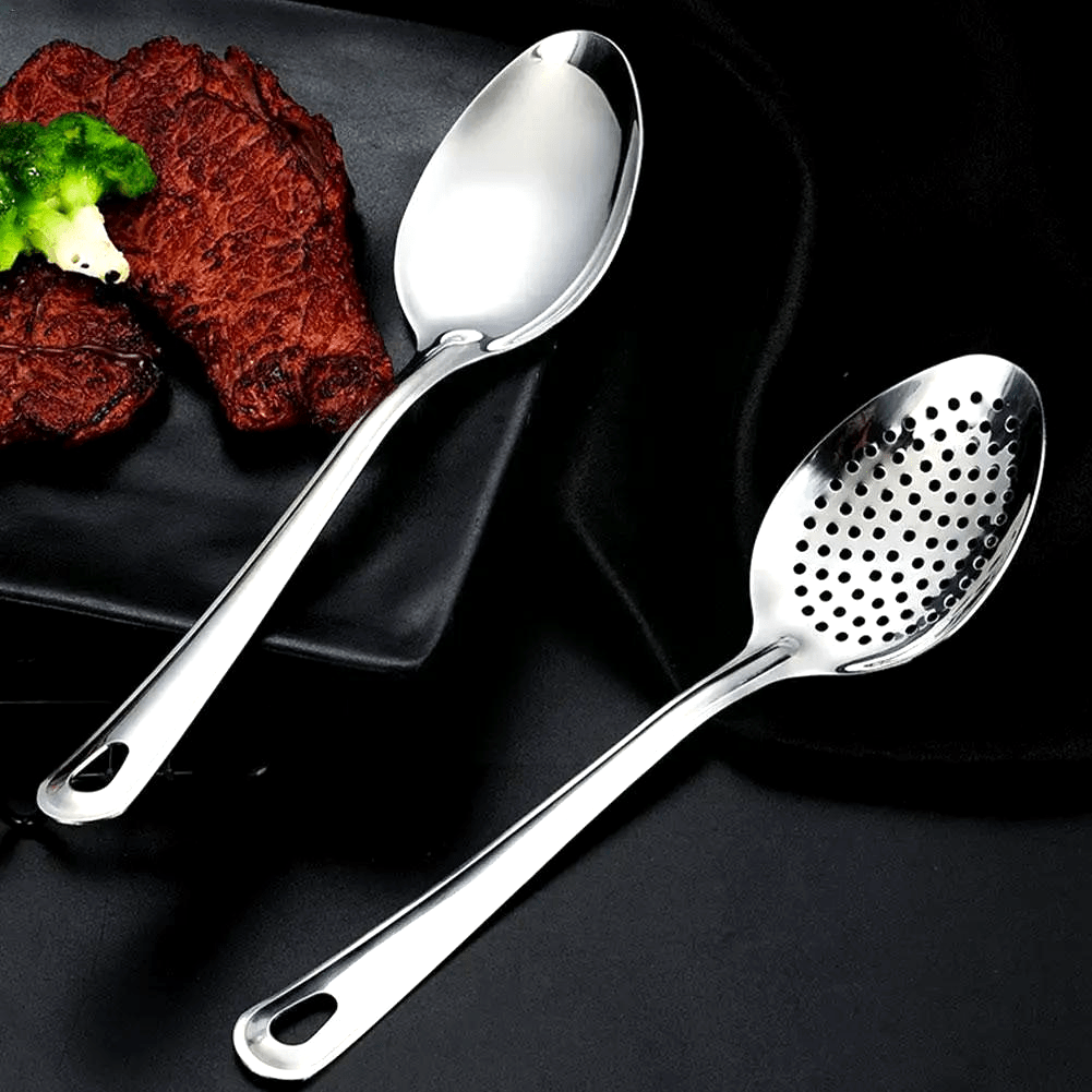 Stainless Steel Kitchen Utensil Set with Colander Slotted and Dessert Spoons