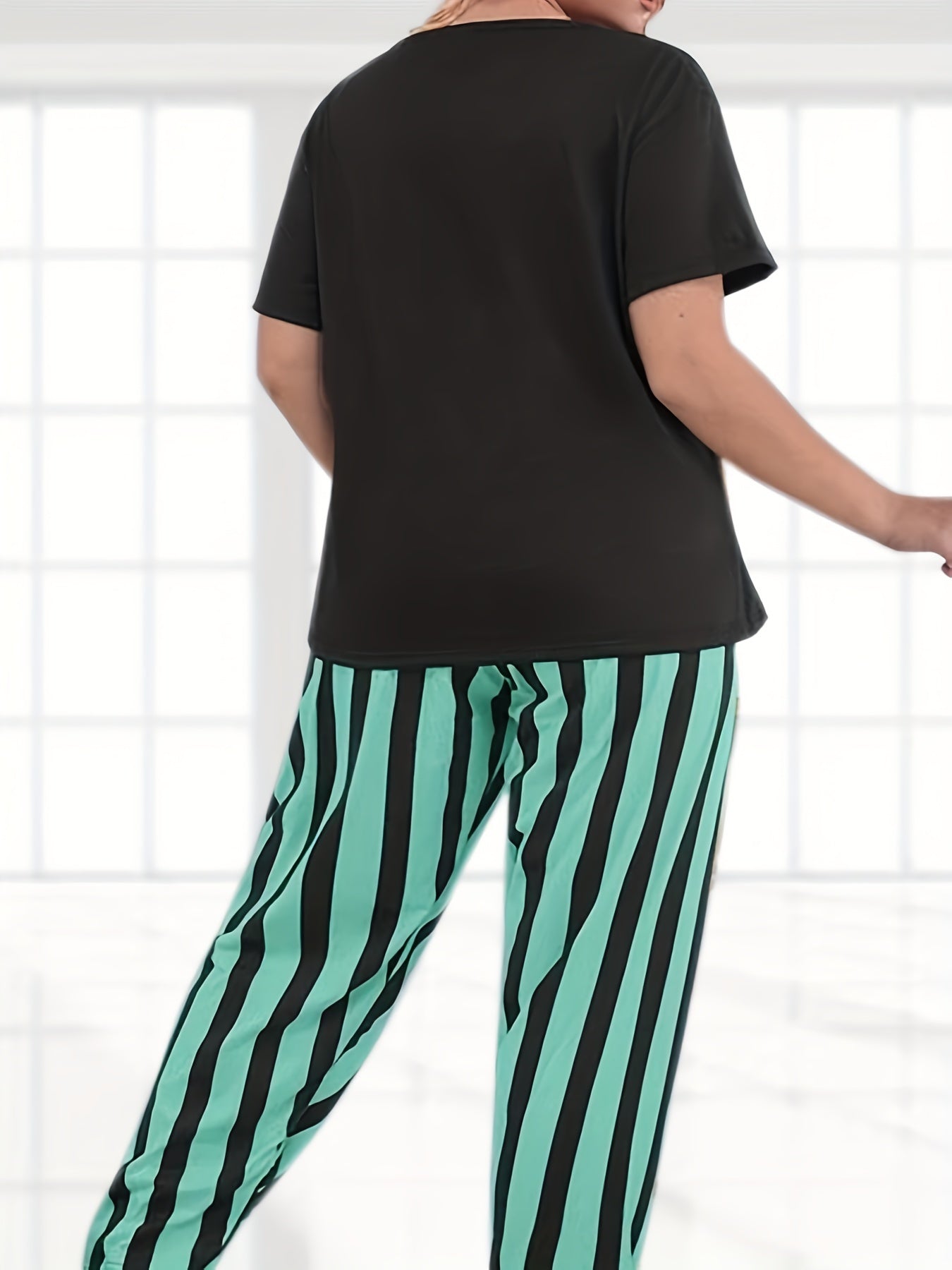 Plus Size Women's Pajama Set Cat Print Short Sleeve Top and Striped Pants