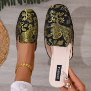 Women’s Black Embroidered Flat Shoes with Golden Floral Pattern Summer Slip-Ons