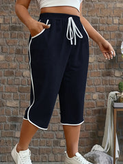 Women's Casual Three-Quarter Pants Polyester Knit Solid Color Pockets Summer