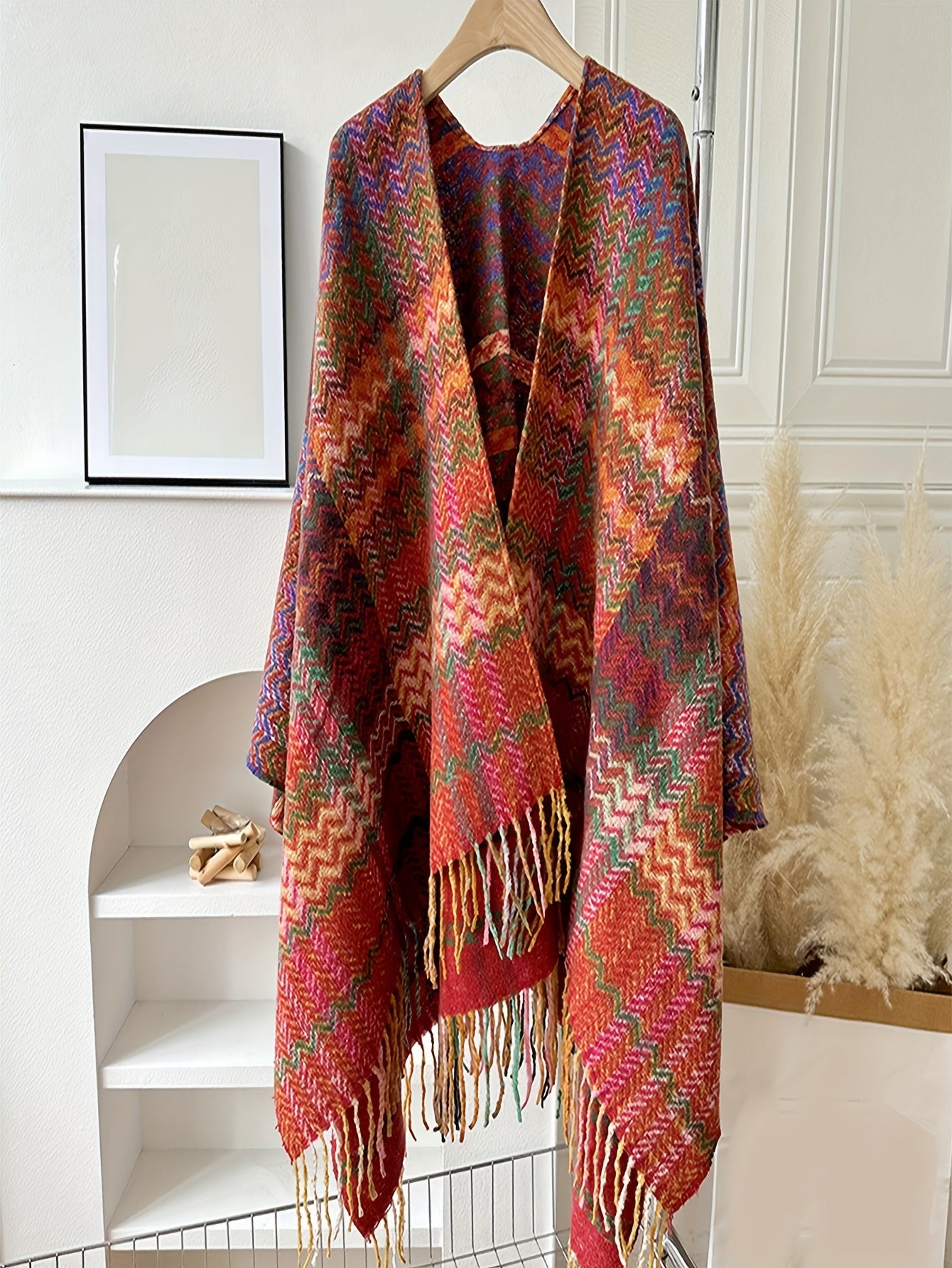 Women's Vintage Plaid Cape Tassel Cardigan Windproof Medium Length Coat