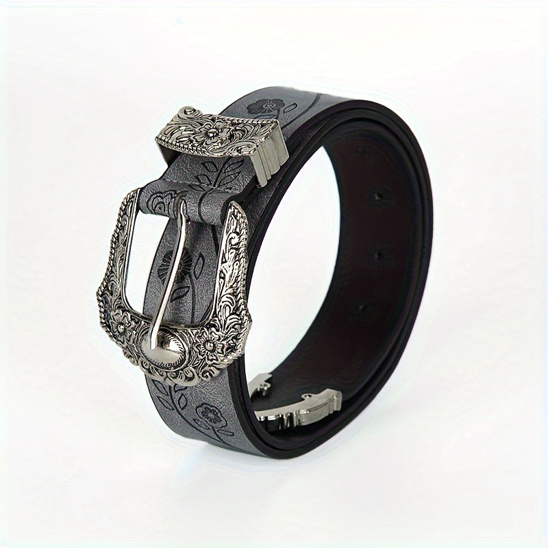Мужской кожаный западный ремень с вырезанной квадратной цветочной пряжкой и ковбойским стилем
