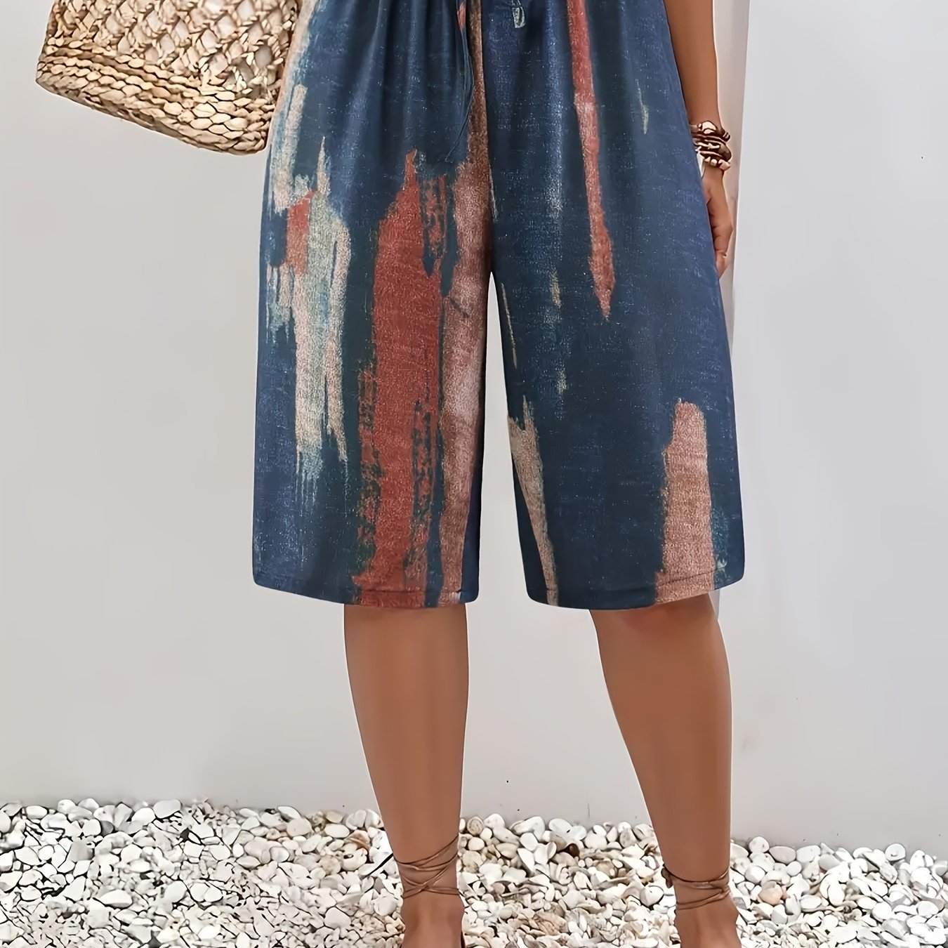 Ayollar uchun katta o'lchamda bosma kundalik shortlar, yozgi polyester, chiziq bilan bog'lanadigan